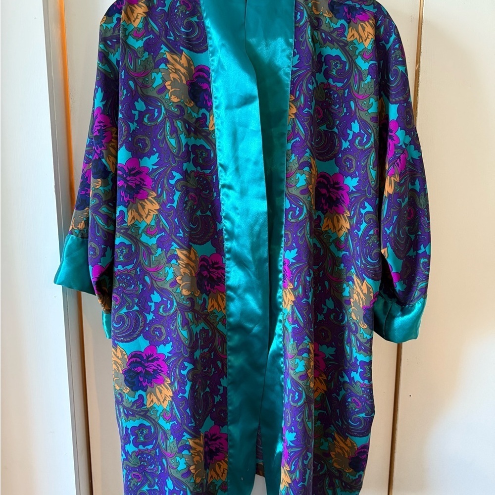 Vintage 80s Victorias Secret Gold Label Floral Kimono Satin Silk Robe - Picture 3 of 7